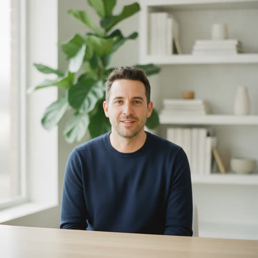 Reference portrait of Sam: a man in his thirties in a navy sweater at a desk in a bright room