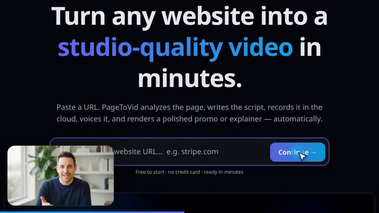 Sam in the corner of a PageToVid film, talking while the real site is recorded