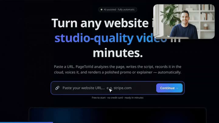 The PageToVid home page being recorded, with a presenter talking in the top-right corner, clear of the URL field being typed into