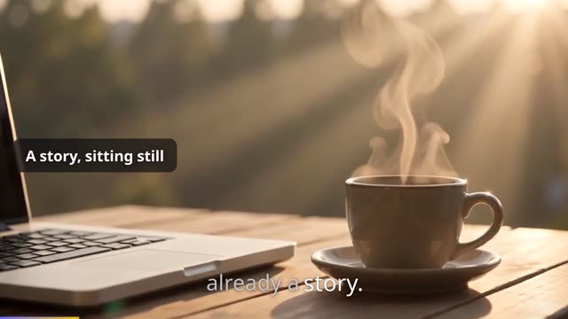 A generated scene: a steaming coffee cup beside a laptop in morning light, with the film's caption burned in
