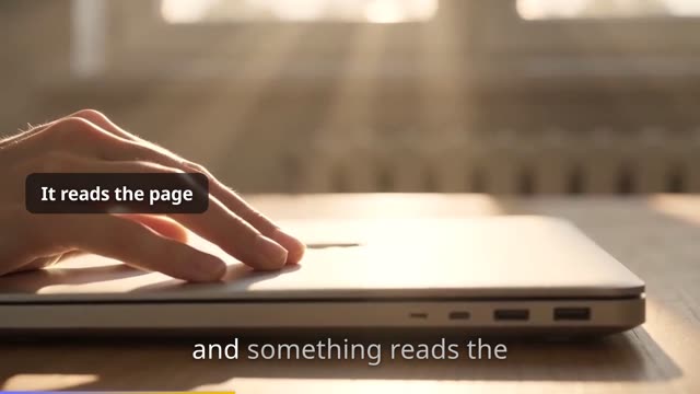 Generated scene: a hand opening a laptop in warm light, caption "It reads the page"