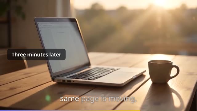 Generated scene: an open laptop on a wooden table at sunset, caption "Three minutes later"